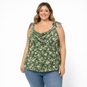 Reformation Top Women's Plus Size 24 Green Floral Sleeveless Blouse Casual